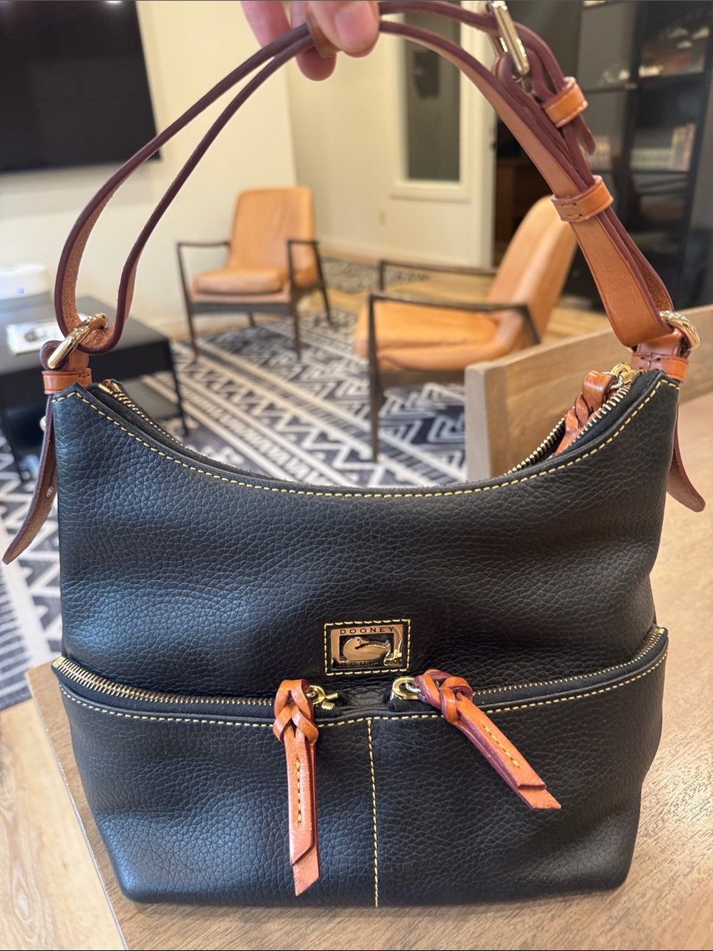 Dooney & Bourke Black Pebbled Leather Shoulder Bag with Tan Accents